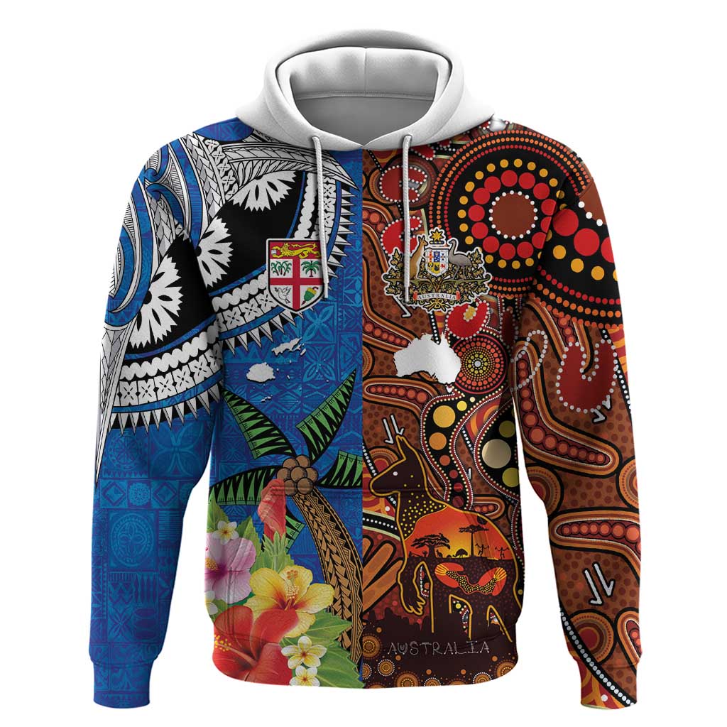 Fiji and Australia Together Zip Hoodie Fijian Tapa Plants with Kangaroo and Aboriginal LT03 Pullover Hoodie Black - Polynesian Pride