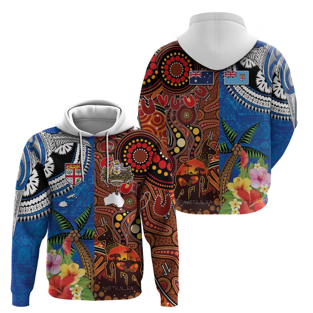Fiji and Australia Together Zip Hoodie Fijian Tapa Plants with Kangaroo and Aboriginal LT03 - Polynesian Pride