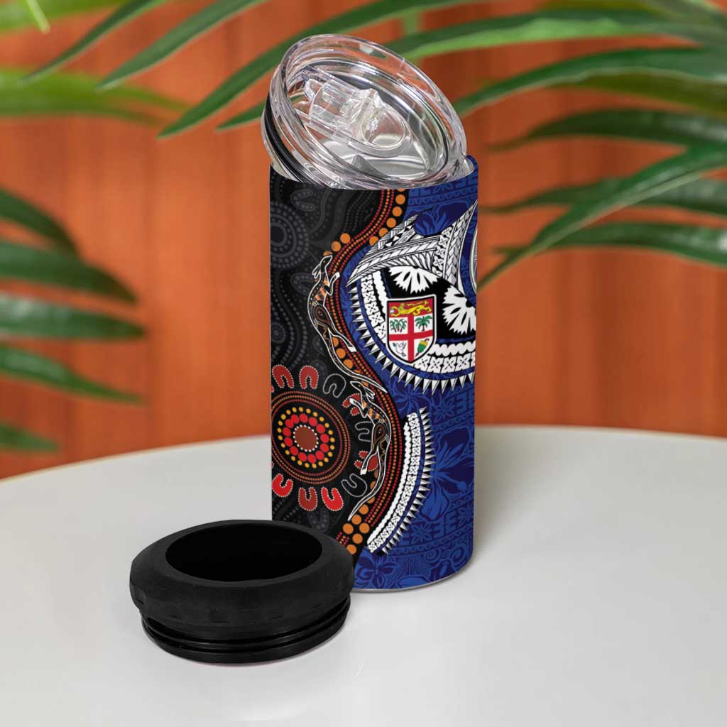Fiji and Australia Together 4 in 1 Can Cooler Tumbler Kangaroo Aboriginal with Tribal Tapa Hibiscus Half Style LT03 - Polynesian Pride