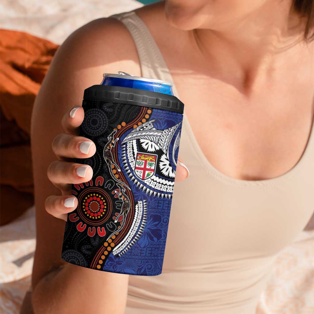 Fiji and Australia Together 4 in 1 Can Cooler Tumbler Kangaroo Aboriginal with Tribal Tapa Hibiscus Half Style LT03 - Polynesian Pride