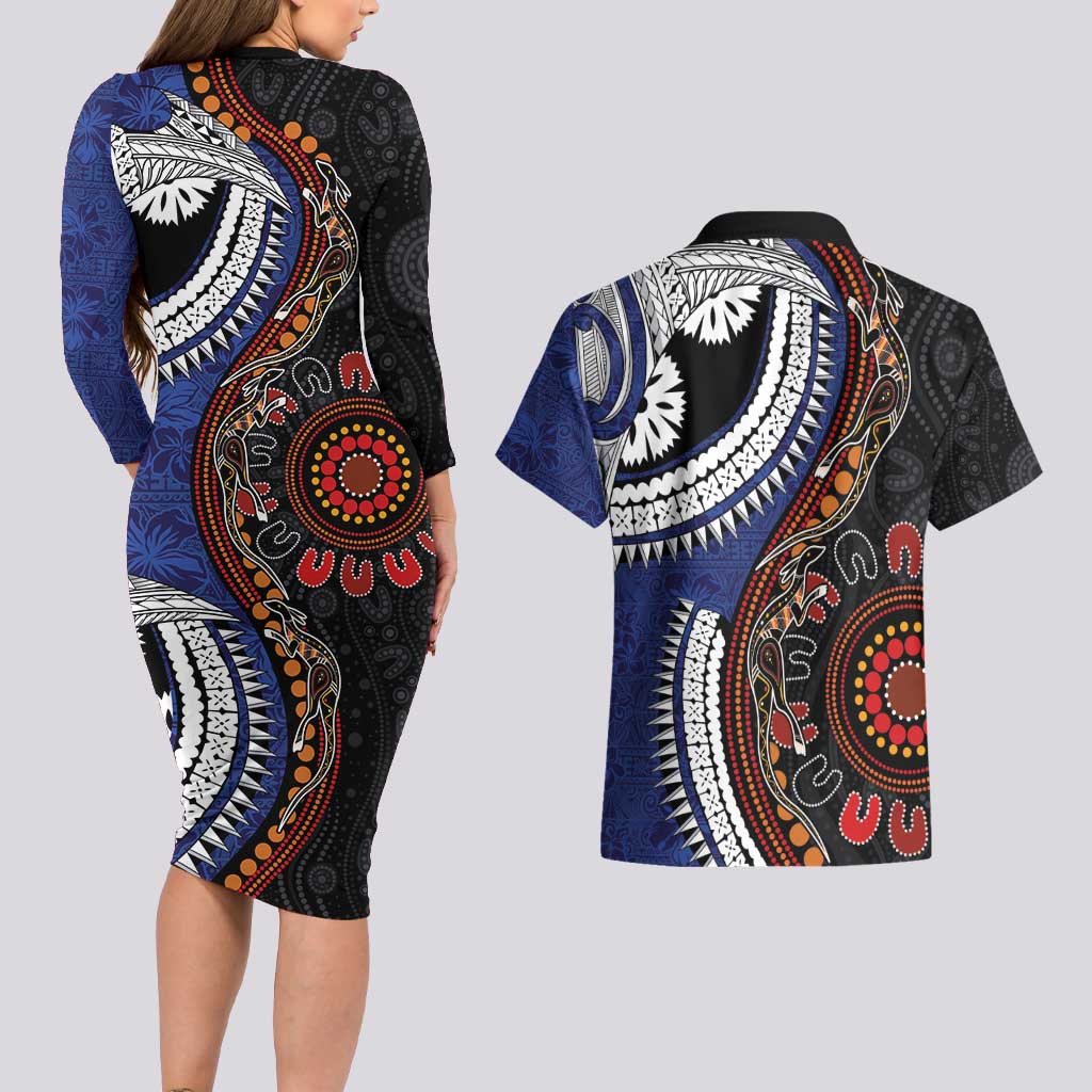Fiji and Australia Together Couples Matching Long Sleeve Bodycon Dress and Hawaiian Shirt Kangaroo Aboriginal with Tribal Tapa Hibiscus Half Style LT03 - Polynesian Pride