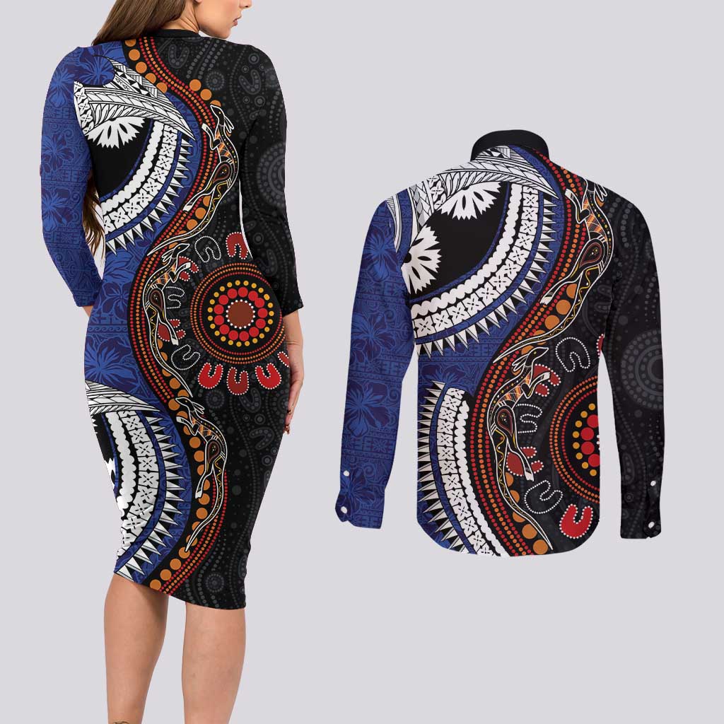 Fiji and Australia Together Couples Matching Long Sleeve Bodycon Dress and Long Sleeve Button Shirt Kangaroo Aboriginal with Tribal Tapa Hibiscus Half Style LT03 - Polynesian Pride