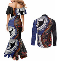 Fiji and Australia Together Couples Matching Mermaid Dress and Long Sleeve Button Shirt Kangaroo Aboriginal with Tribal Tapa Hibiscus Half Style LT03 - Polynesian Pride