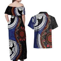 Fiji and Australia Together Couples Matching Off Shoulder Maxi Dress and Hawaiian Shirt Kangaroo Aboriginal with Tribal Tapa Hibiscus Half Style LT03 - Polynesian Pride