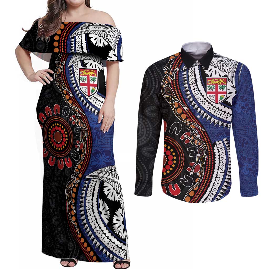Fiji and Australia Together Couples Matching Off Shoulder Maxi Dress and Long Sleeve Button Shirt Kangaroo Aboriginal with Tribal Tapa Hibiscus Half Style LT03 Black - Polynesian Pride