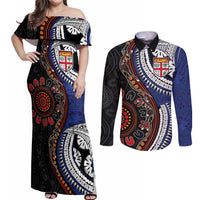 Fiji and Australia Together Couples Matching Off Shoulder Maxi Dress and Long Sleeve Button Shirt Kangaroo Aboriginal with Tribal Tapa Hibiscus Half Style LT03 Black - Polynesian Pride