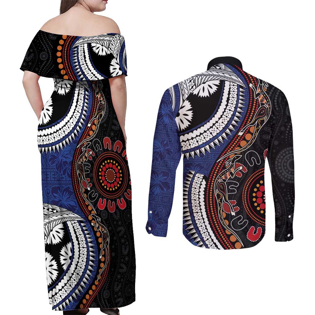Fiji and Australia Together Couples Matching Off Shoulder Maxi Dress and Long Sleeve Button Shirt Kangaroo Aboriginal with Tribal Tapa Hibiscus Half Style LT03 - Polynesian Pride