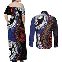 Fiji and Australia Together Couples Matching Off Shoulder Maxi Dress and Long Sleeve Button Shirt Kangaroo Aboriginal with Tribal Tapa Hibiscus Half Style LT03 - Polynesian Pride