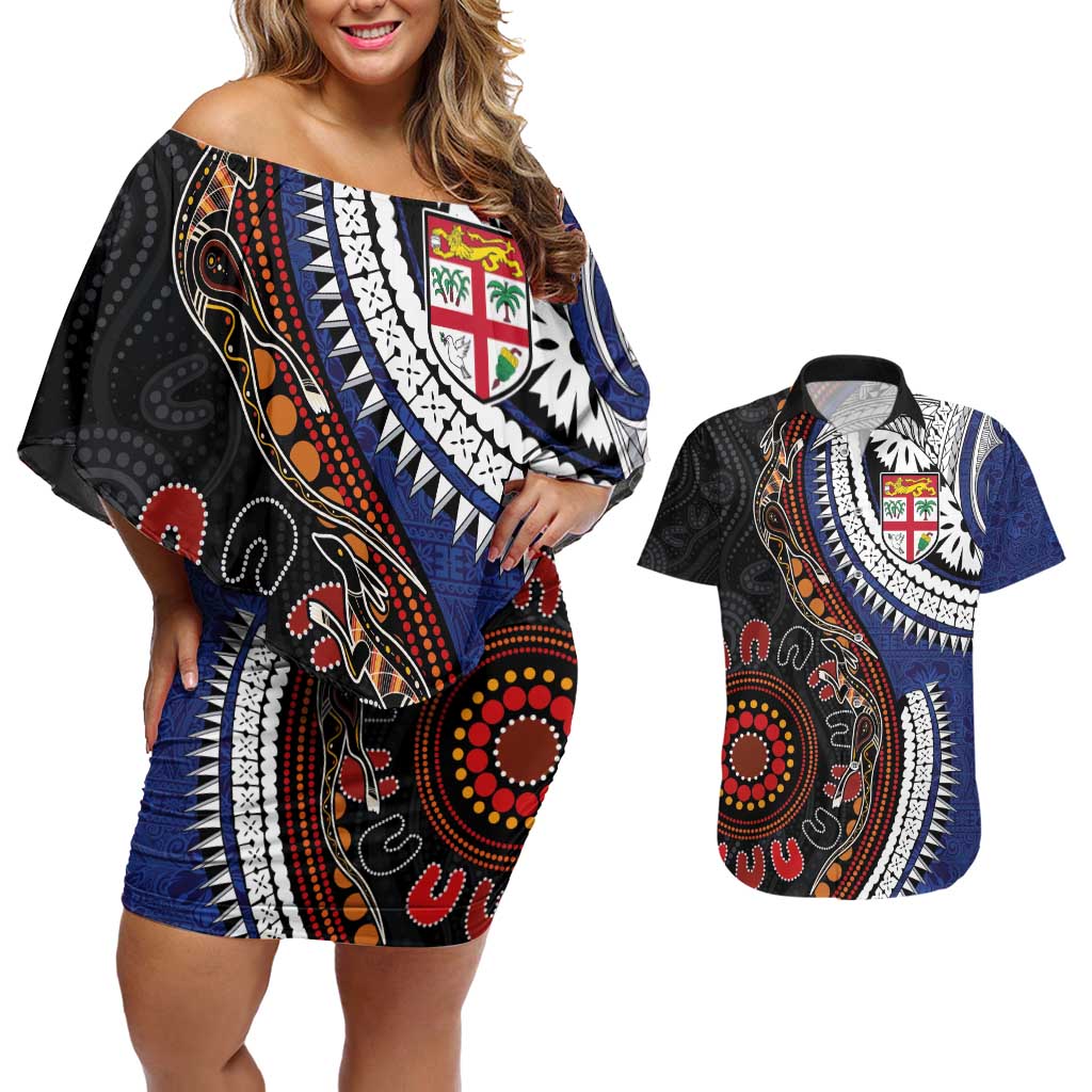 Fiji and Australia Together Couples Matching Off Shoulder Short Dress and Hawaiian Shirt Kangaroo Aboriginal with Tribal Tapa Hibiscus Half Style LT03 Black - Polynesian Pride