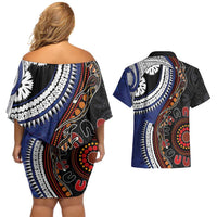 Fiji and Australia Together Couples Matching Off Shoulder Short Dress and Hawaiian Shirt Kangaroo Aboriginal with Tribal Tapa Hibiscus Half Style LT03 - Polynesian Pride