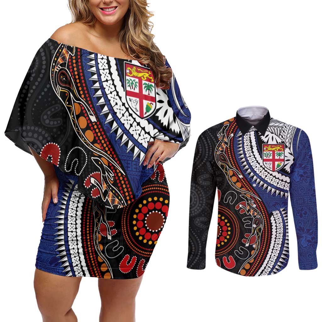 Fiji and Australia Together Couples Matching Off Shoulder Short Dress and Long Sleeve Button Shirt Kangaroo Aboriginal with Tribal Tapa Hibiscus Half Style LT03 Black - Polynesian Pride