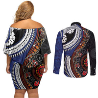 Fiji and Australia Together Couples Matching Off Shoulder Short Dress and Long Sleeve Button Shirt Kangaroo Aboriginal with Tribal Tapa Hibiscus Half Style LT03 - Polynesian Pride