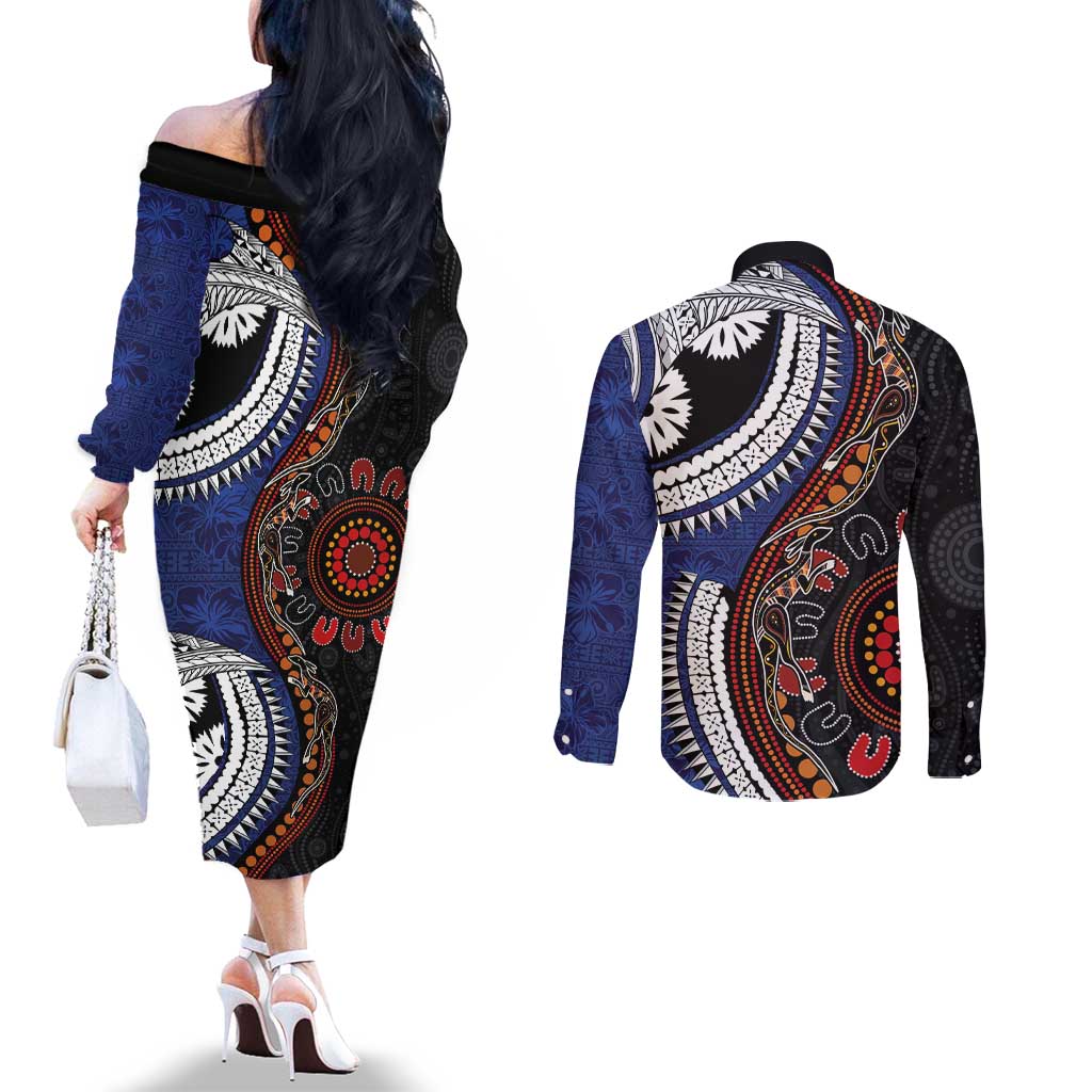 Fiji and Australia Together Couples Matching Off The Shoulder Long Sleeve Dress and Long Sleeve Button Shirt Kangaroo Aboriginal with Tribal Tapa Hibiscus Half Style LT03 - Polynesian Pride