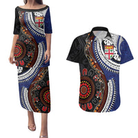 Fiji and Australia Together Couples Matching Puletasi and Hawaiian Shirt Kangaroo Aboriginal with Tribal Tapa Hibiscus Half Style LT03 Black - Polynesian Pride