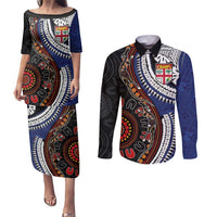 Fiji and Australia Together Couples Matching Puletasi and Long Sleeve Button Shirt Kangaroo Aboriginal with Tribal Tapa Hibiscus Half Style LT03 Black - Polynesian Pride