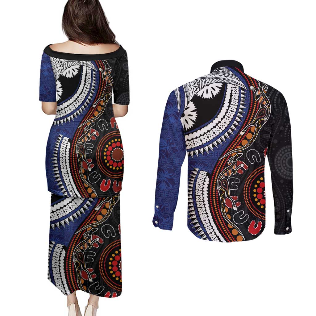 Fiji and Australia Together Couples Matching Puletasi and Long Sleeve Button Shirt Kangaroo Aboriginal with Tribal Tapa Hibiscus Half Style LT03 - Polynesian Pride