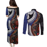 Fiji and Australia Together Couples Matching Puletasi and Long Sleeve Button Shirt Kangaroo Aboriginal with Tribal Tapa Hibiscus Half Style LT03 - Polynesian Pride