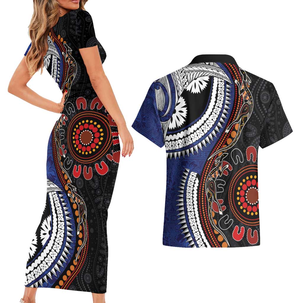 Fiji and Australia Together Couples Matching Short Sleeve Bodycon Dress and Hawaiian Shirt Kangaroo Aboriginal with Tribal Tapa Hibiscus Half Style LT03 - Polynesian Pride