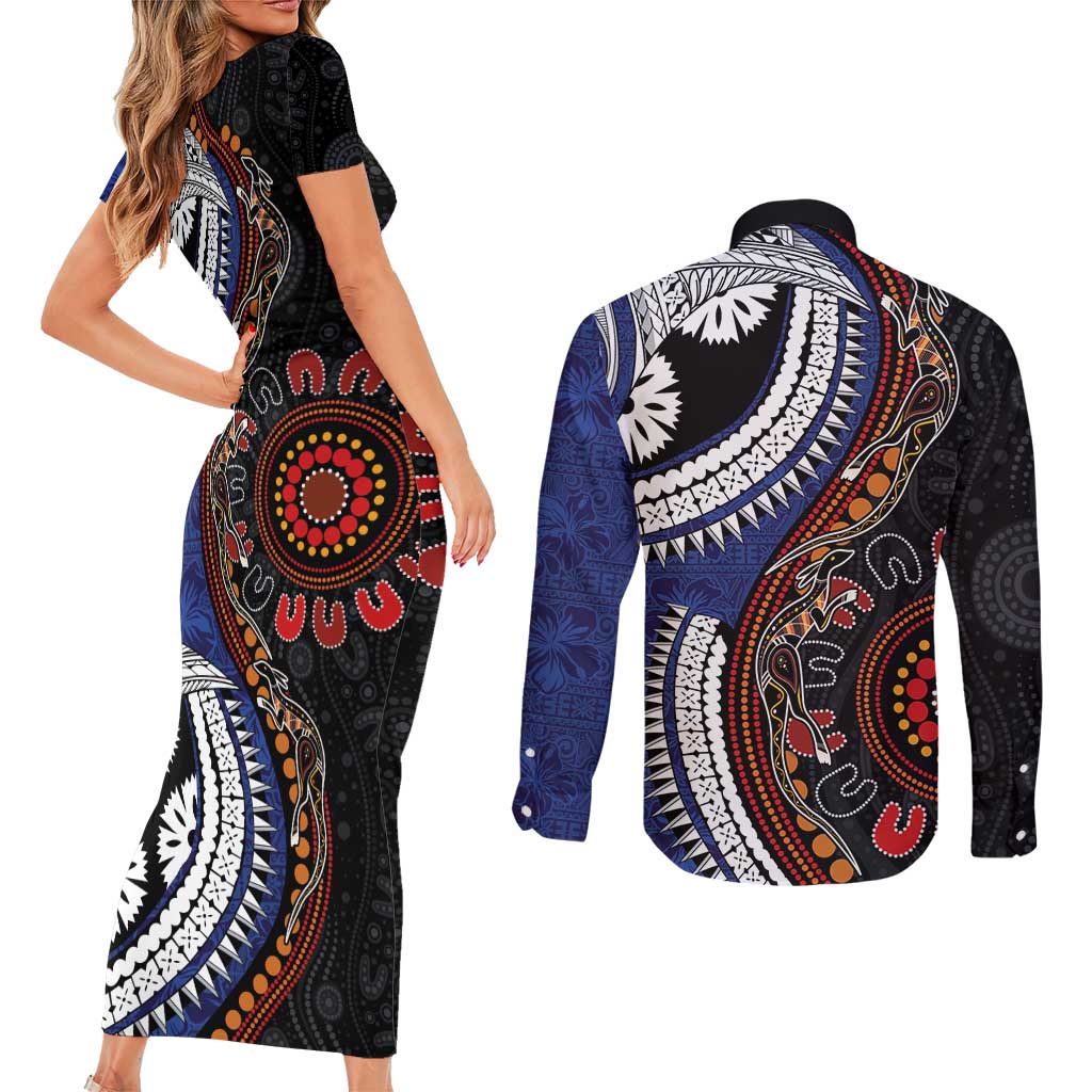 Fiji and Australia Together Couples Matching Short Sleeve Bodycon Dress and Long Sleeve Button Shirt Kangaroo Aboriginal with Tribal Tapa Hibiscus Half Style LT03 - Polynesian Pride