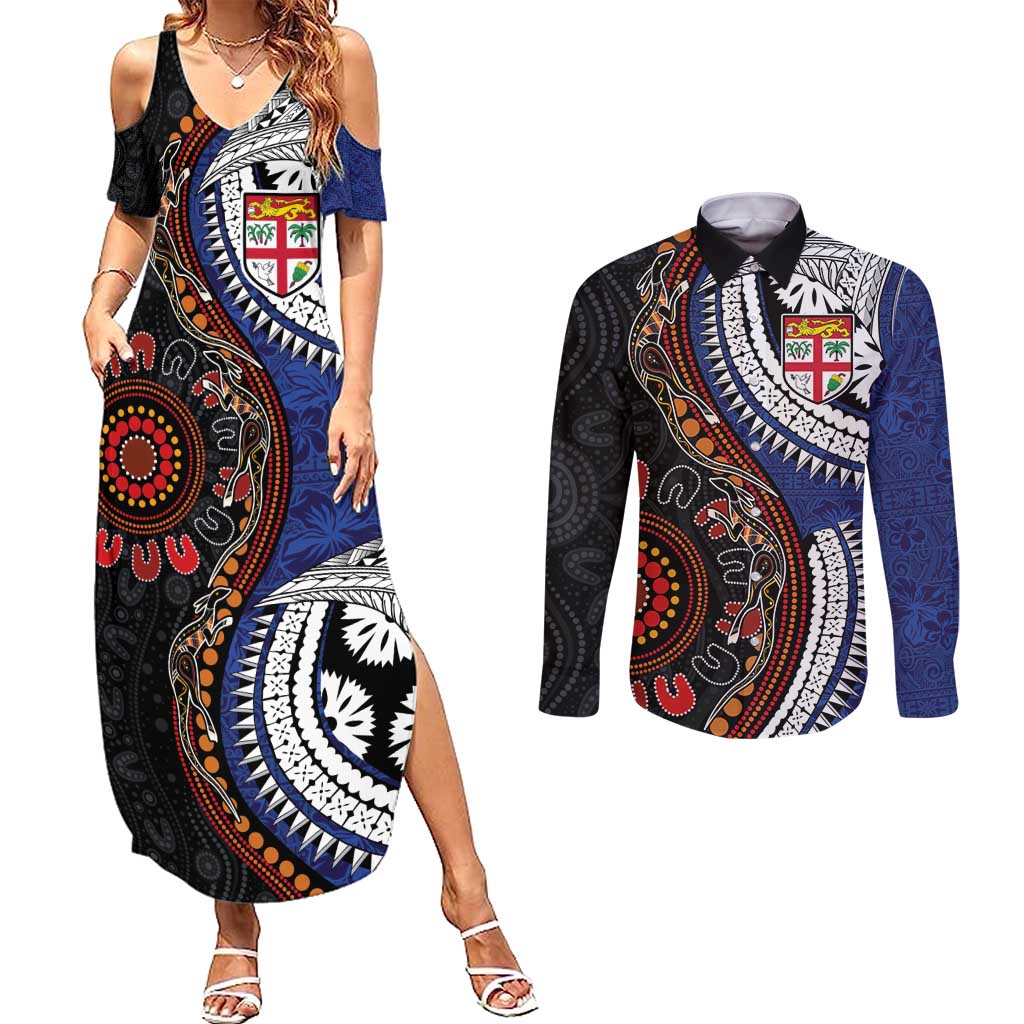Fiji and Australia Together Couples Matching Summer Maxi Dress and Long Sleeve Button Shirt Kangaroo Aboriginal with Tribal Tapa Hibiscus Half Style LT03 Black - Polynesian Pride