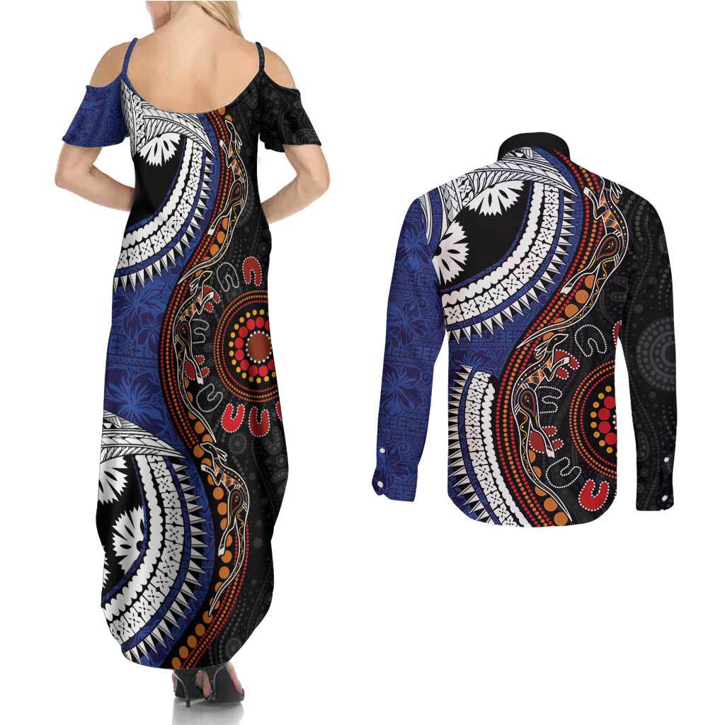 Fiji and Australia Together Couples Matching Summer Maxi Dress and Long Sleeve Button Shirt Kangaroo Aboriginal with Tribal Tapa Hibiscus Half Style LT03 - Polynesian Pride