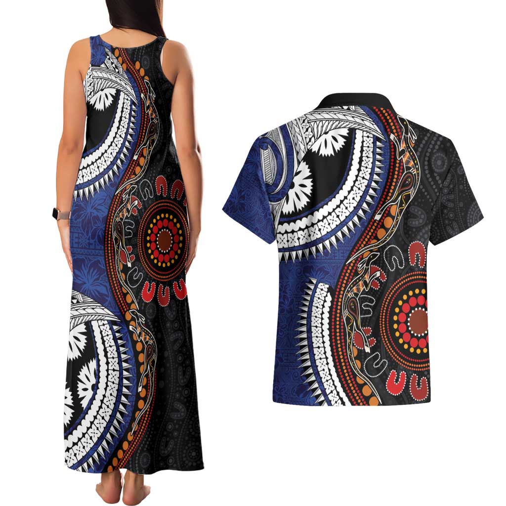 Fiji and Australia Together Couples Matching Tank Maxi Dress and Hawaiian Shirt Kangaroo Aboriginal with Tribal Tapa Hibiscus Half Style LT03 - Polynesian Pride