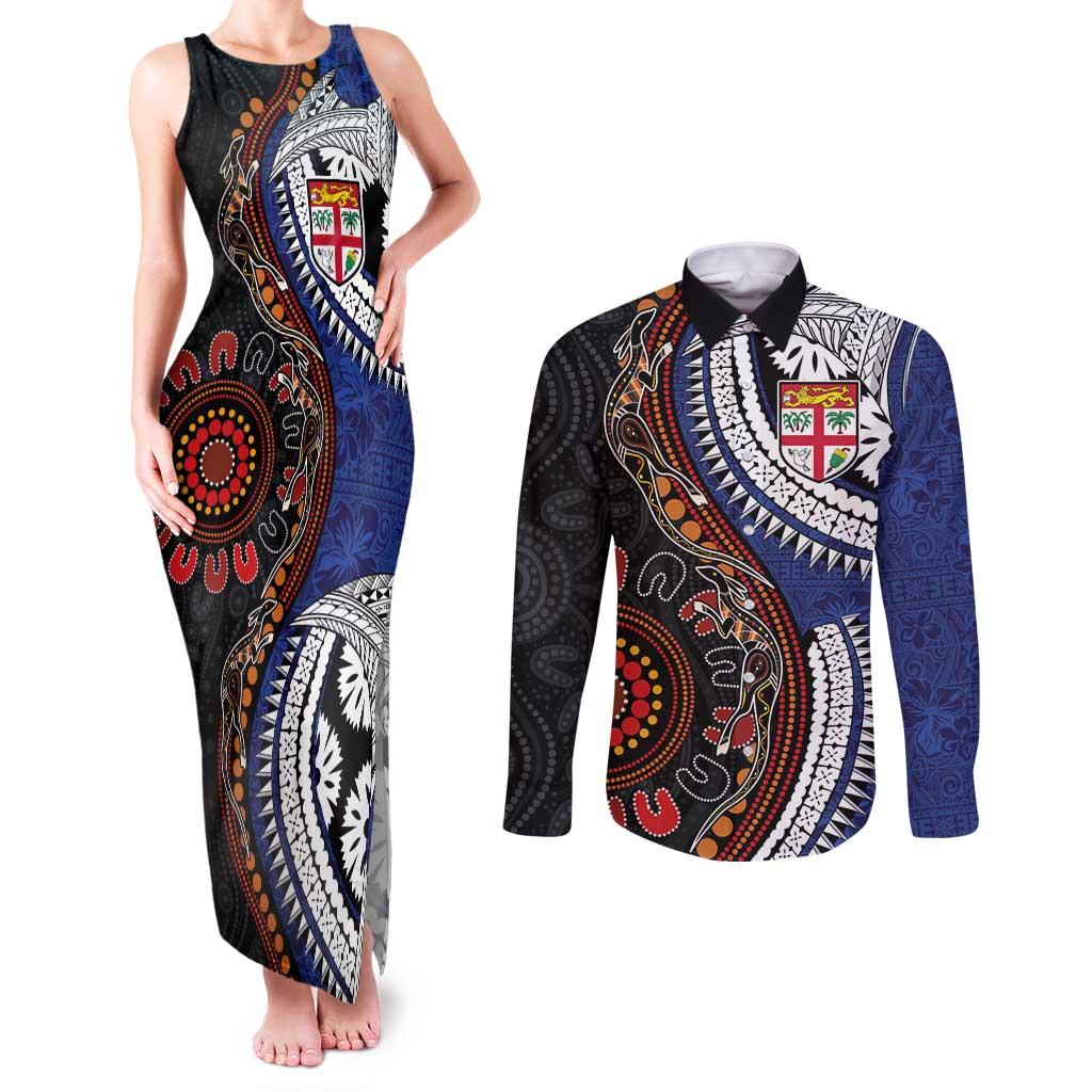 Fiji and Australia Together Couples Matching Tank Maxi Dress and Long Sleeve Button Shirt Kangaroo Aboriginal with Tribal Tapa Hibiscus Half Style LT03 Black - Polynesian Pride
