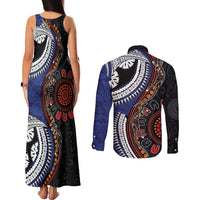Fiji and Australia Together Couples Matching Tank Maxi Dress and Long Sleeve Button Shirt Kangaroo Aboriginal with Tribal Tapa Hibiscus Half Style LT03 - Polynesian Pride