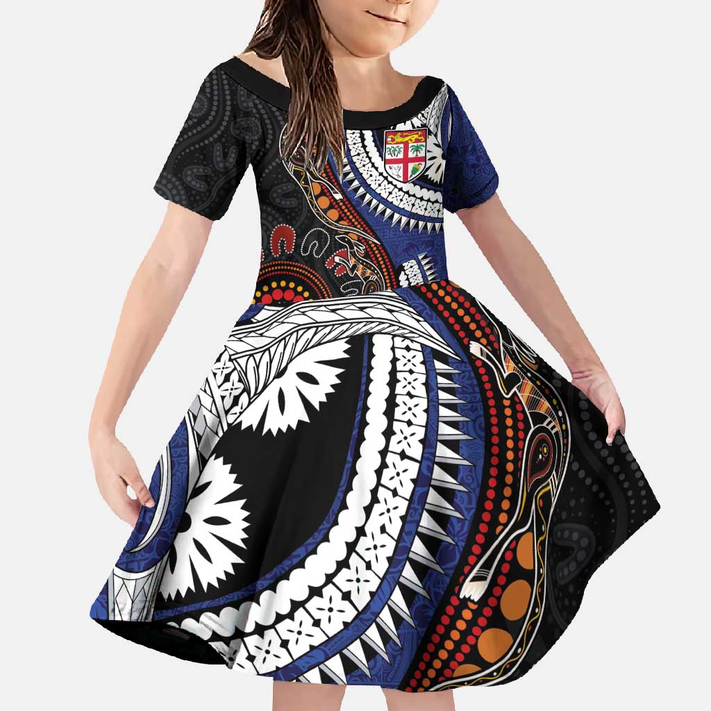 Fiji and Australia Together Family Matching Long Sleeve Bodycon Dress and Hawaiian Shirt Kangaroo Aboriginal with Tribal Tapa Hibiscus Half Style LT03 Daughter's Dress Black - Polynesian Pride