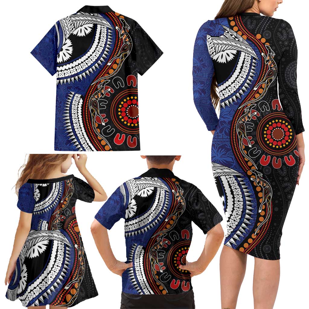 Fiji and Australia Together Family Matching Long Sleeve Bodycon Dress and Hawaiian Shirt Kangaroo Aboriginal with Tribal Tapa Hibiscus Half Style LT03 - Polynesian Pride