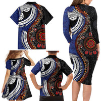 Fiji and Australia Together Family Matching Long Sleeve Bodycon Dress and Hawaiian Shirt Kangaroo Aboriginal with Tribal Tapa Hibiscus Half Style LT03 - Polynesian Pride
