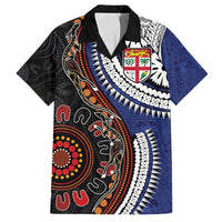 Fiji and Australia Together Family Matching Long Sleeve Bodycon Dress and Hawaiian Shirt Kangaroo Aboriginal with Tribal Tapa Hibiscus Half Style LT03 Dad's Shirt - Short Sleeve Black - Polynesian Pride