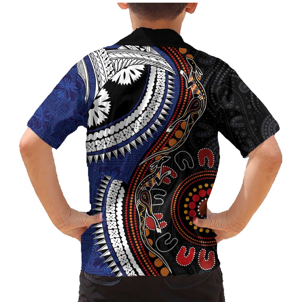 Fiji and Australia Together Family Matching Mermaid Dress and Hawaiian Shirt Kangaroo Aboriginal with Tribal Tapa Hibiscus Half Style LT03 - Polynesian Pride