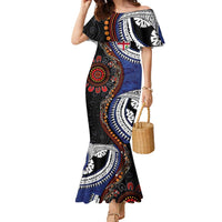 Fiji and Australia Together Family Matching Mermaid Dress and Hawaiian Shirt Kangaroo Aboriginal with Tribal Tapa Hibiscus Half Style LT03 Mom's Dress Black - Polynesian Pride