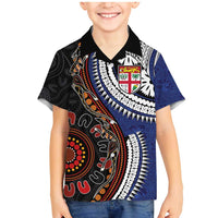 Fiji and Australia Together Family Matching Mermaid Dress and Hawaiian Shirt Kangaroo Aboriginal with Tribal Tapa Hibiscus Half Style LT03 Son's Shirt Black - Polynesian Pride