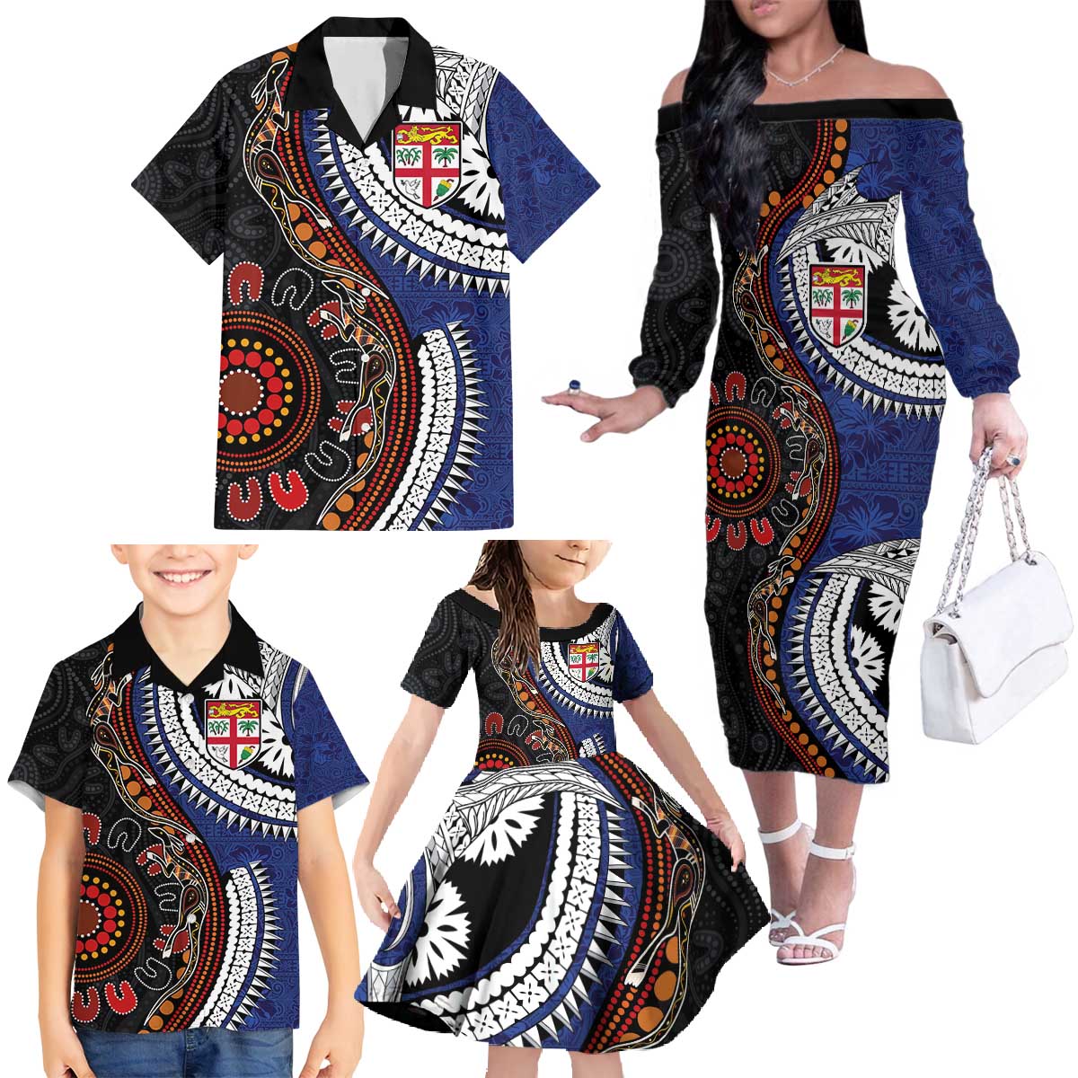 Fiji and Australia Together Family Matching Off The Shoulder Long Sleeve Dress and Hawaiian Shirt Kangaroo Aboriginal with Tribal Tapa Hibiscus Half Style LT03 - Polynesian Pride