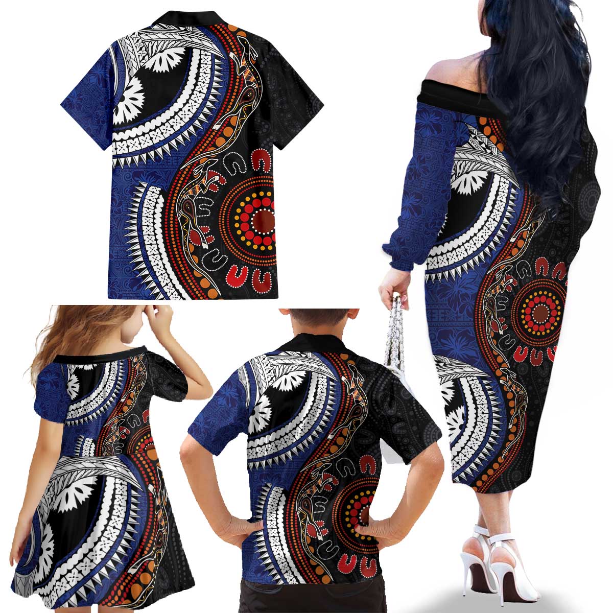 Fiji and Australia Together Family Matching Off The Shoulder Long Sleeve Dress and Hawaiian Shirt Kangaroo Aboriginal with Tribal Tapa Hibiscus Half Style LT03 - Polynesian Pride