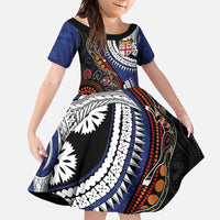 Fiji and Australia Together Family Matching Off Shoulder Maxi Dress and Hawaiian Shirt Kangaroo Aboriginal with Tribal Tapa Hibiscus Half Style LT03 Daughter's Dress Black - Polynesian Pride