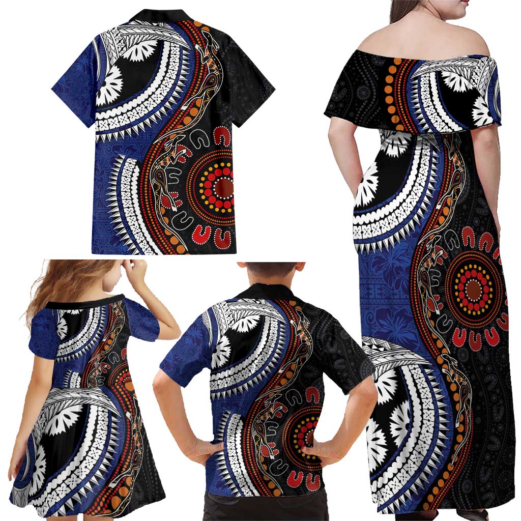 Fiji and Australia Together Family Matching Off Shoulder Maxi Dress and Hawaiian Shirt Kangaroo Aboriginal with Tribal Tapa Hibiscus Half Style LT03 - Polynesian Pride