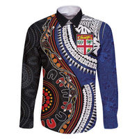 Fiji and Australia Together Family Matching Off Shoulder Maxi Dress and Hawaiian Shirt Kangaroo Aboriginal with Tribal Tapa Hibiscus Half Style LT03 Dad's Shirt - Long Sleeve Black - Polynesian Pride