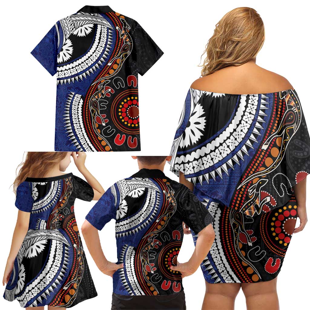 Fiji and Australia Together Family Matching Off Shoulder Short Dress and Hawaiian Shirt Kangaroo Aboriginal with Tribal Tapa Hibiscus Half Style LT03 - Polynesian Pride