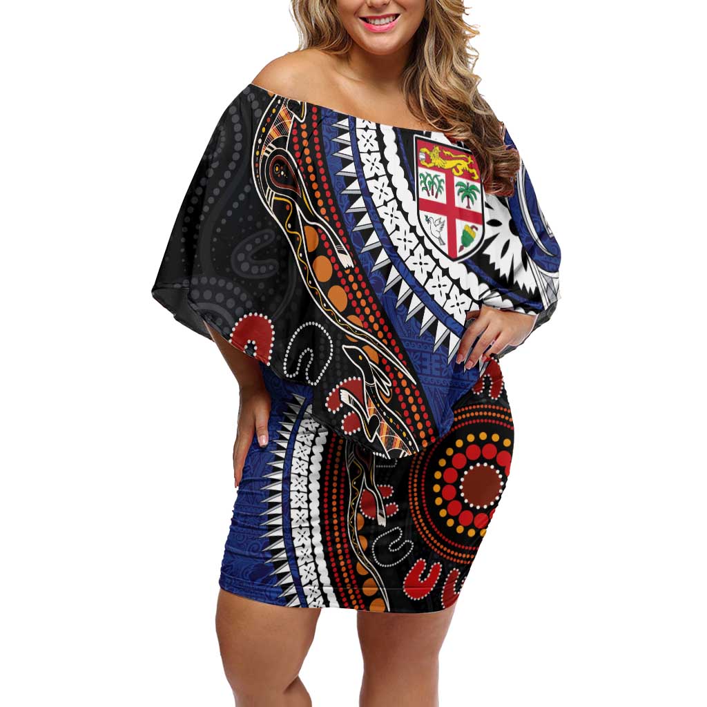Fiji and Australia Together Family Matching Off Shoulder Short Dress and Hawaiian Shirt Kangaroo Aboriginal with Tribal Tapa Hibiscus Half Style LT03 Mom's Dress Black - Polynesian Pride
