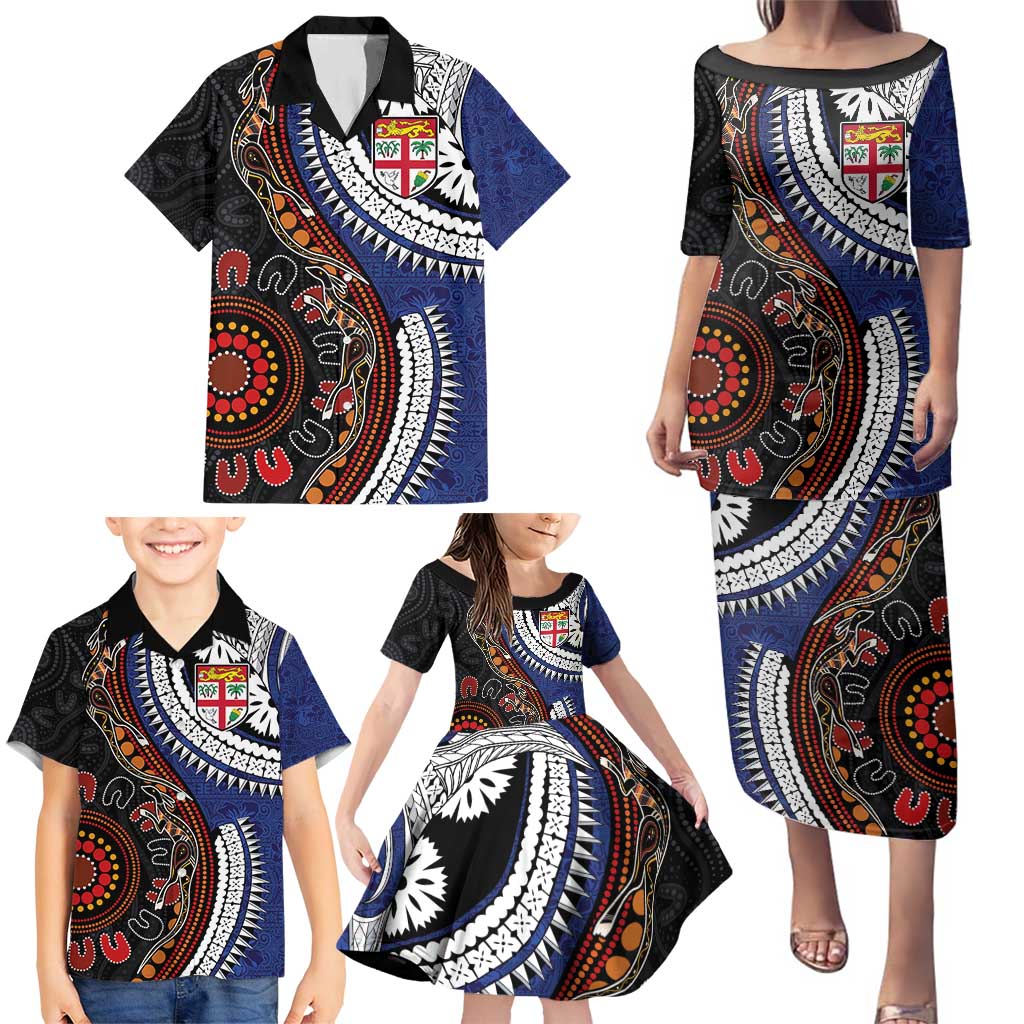 Fiji and Australia Together Family Matching Puletasi and Hawaiian Shirt Kangaroo Aboriginal with Tribal Tapa Hibiscus Half Style LT03 - Polynesian Pride