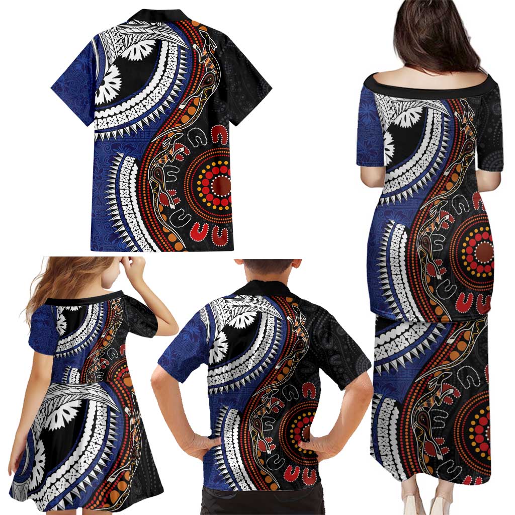 Fiji and Australia Together Family Matching Puletasi and Hawaiian Shirt Kangaroo Aboriginal with Tribal Tapa Hibiscus Half Style LT03 - Polynesian Pride