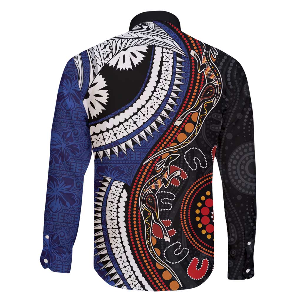 Fiji and Australia Together Family Matching Puletasi and Hawaiian Shirt Kangaroo Aboriginal with Tribal Tapa Hibiscus Half Style LT03 - Polynesian Pride