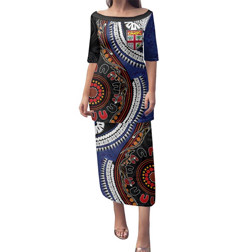 Fiji and Australia Together Family Matching Puletasi and Hawaiian Shirt Kangaroo Aboriginal with Tribal Tapa Hibiscus Half Style LT03 Mom's Dress Black - Polynesian Pride