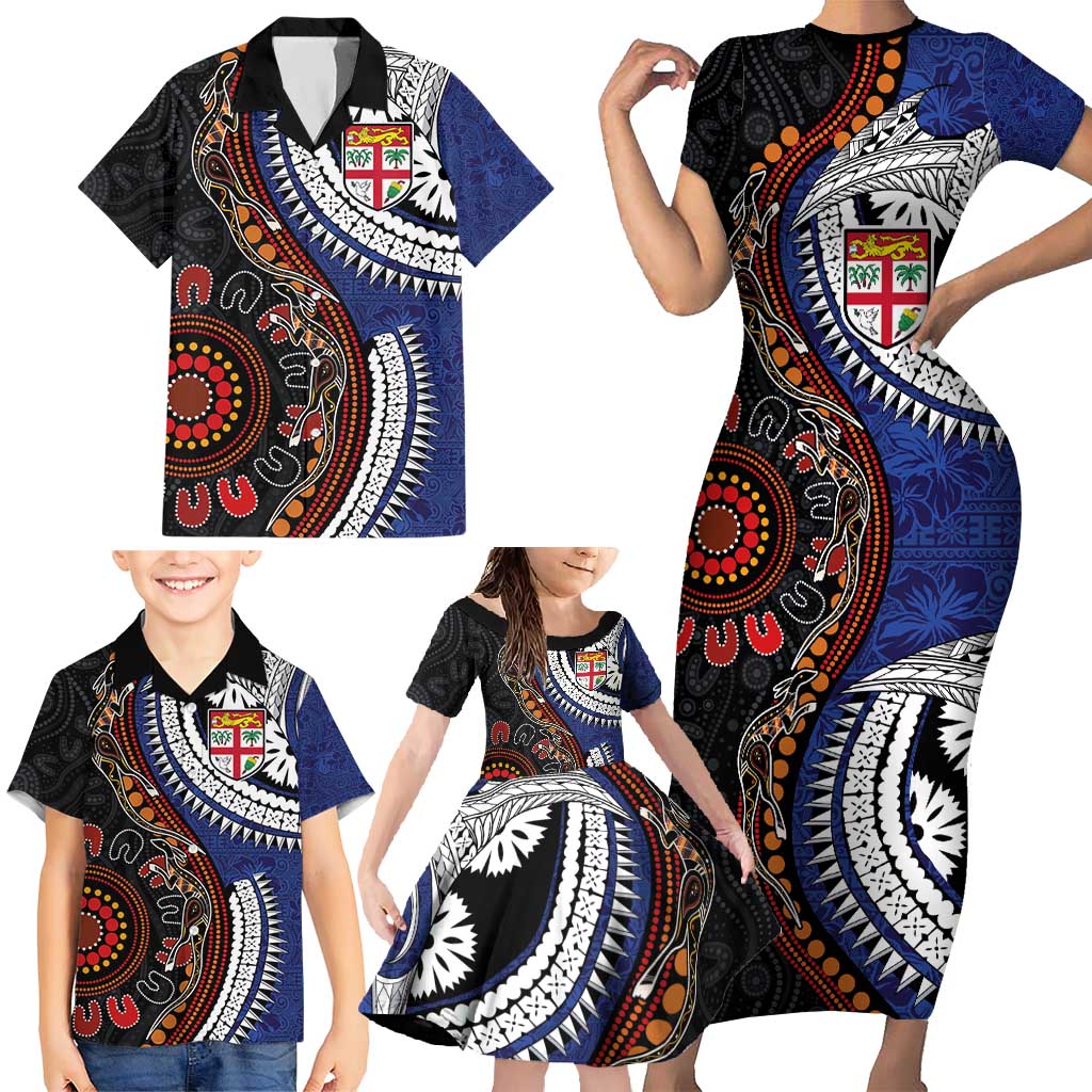 Fiji and Australia Together Family Matching Short Sleeve Bodycon Dress and Hawaiian Shirt Kangaroo Aboriginal with Tribal Tapa Hibiscus Half Style LT03 - Polynesian Pride
