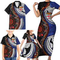 Fiji and Australia Together Family Matching Short Sleeve Bodycon Dress and Hawaiian Shirt Kangaroo Aboriginal with Tribal Tapa Hibiscus Half Style LT03 - Polynesian Pride