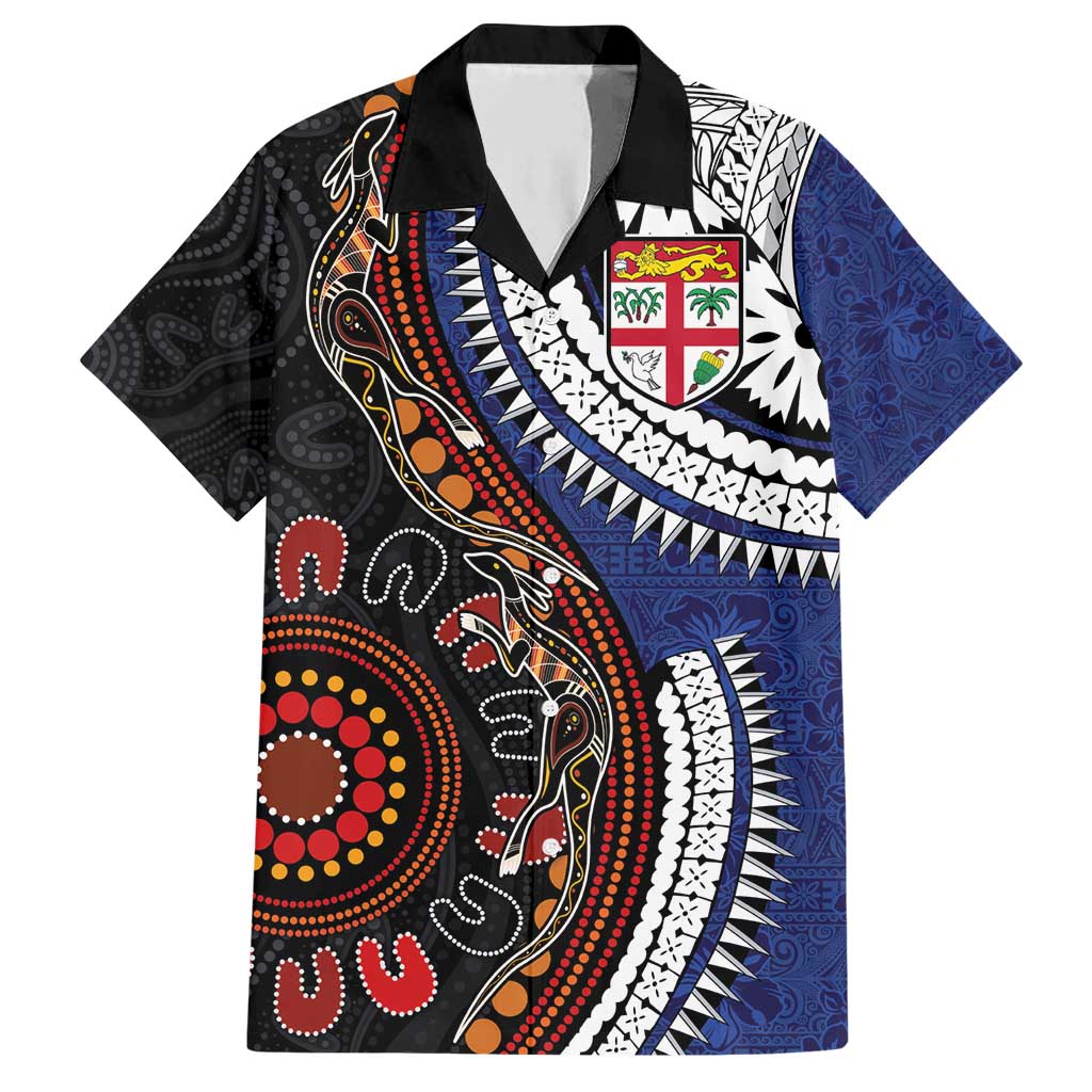 Fiji and Australia Together Family Matching Short Sleeve Bodycon Dress and Hawaiian Shirt Kangaroo Aboriginal with Tribal Tapa Hibiscus Half Style LT03 Dad's Shirt - Short Sleeve Black - Polynesian Pride