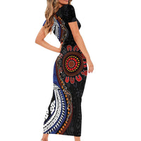 Fiji and Australia Together Family Matching Short Sleeve Bodycon Dress and Hawaiian Shirt Kangaroo Aboriginal with Tribal Tapa Hibiscus Half Style LT03 - Polynesian Pride